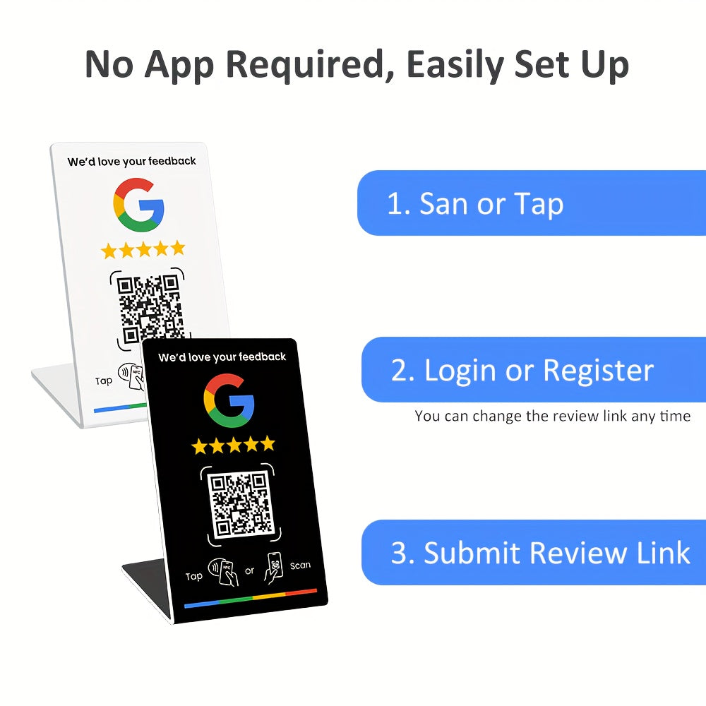 NFC Tap & QR Code, Easy Setup with Review Link Management, Durable PVC, Perfect for Google Reviews and Social Media Integration, Social Media Stand