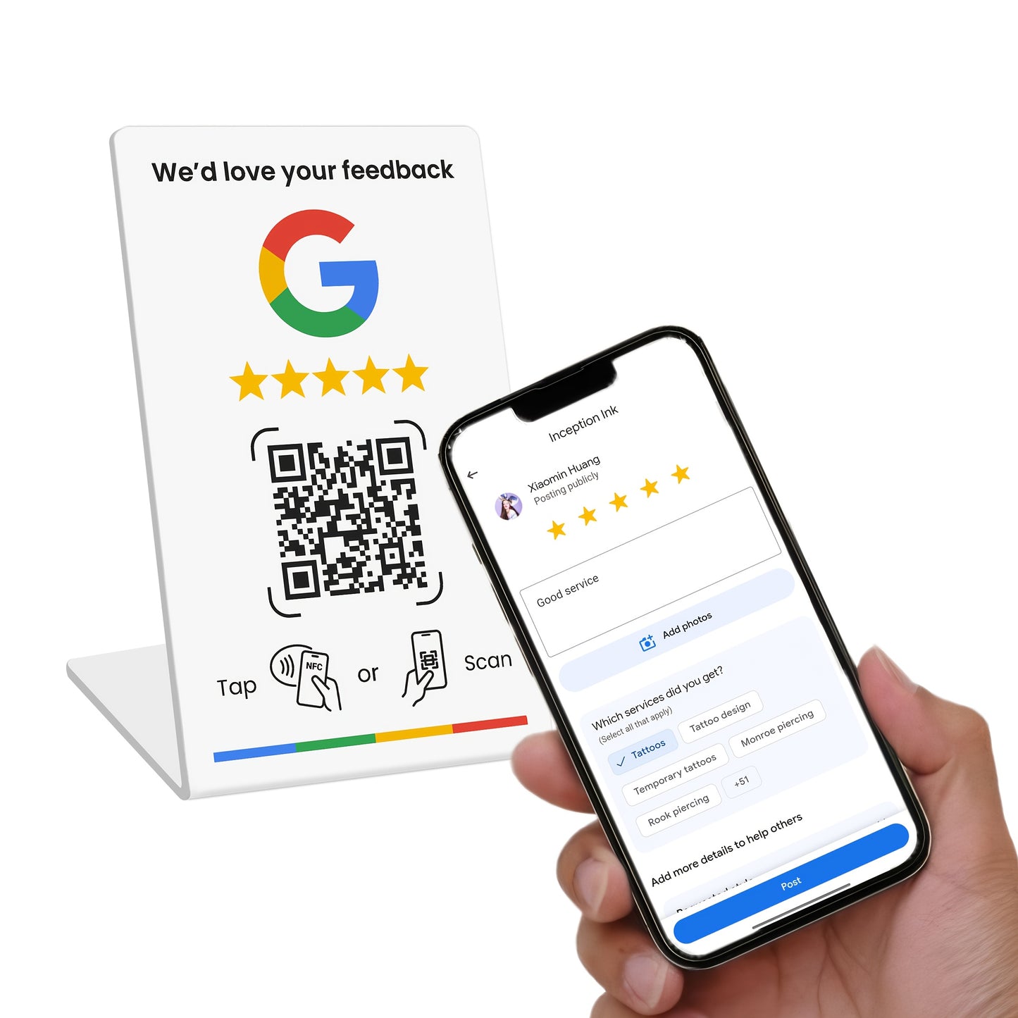 NFC Tap & QR Code, Easy Setup with Review Link Management, Durable PVC, Perfect for Google Reviews and Social Media Integration, Social Media Stand